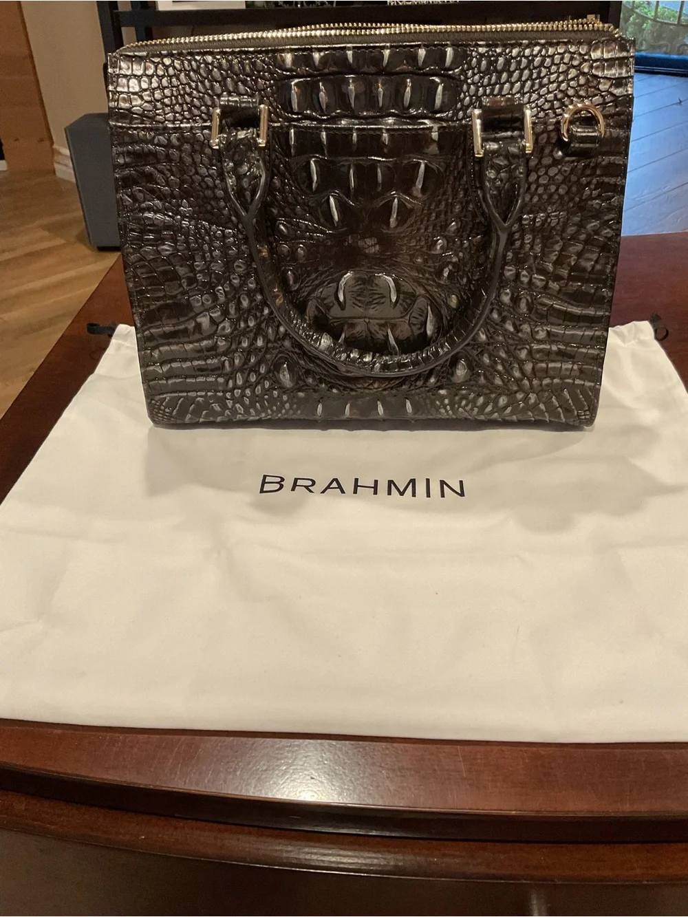 Brahmin Dark Brown Croc-Embossed Satchel with Gold Hardware